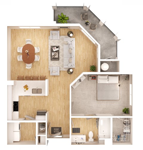 a 3D floorplan of a one bedroom apartment